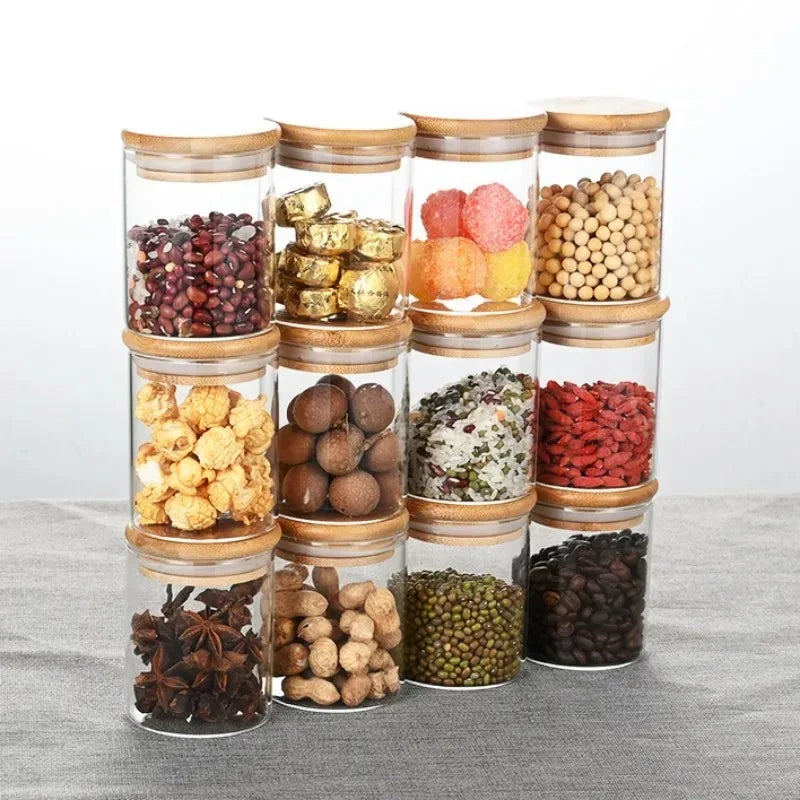 12 Pcs Square or Round Glass Food Storage Containers, Glass Seasoning Jars with Bamboo Lid and Printed Labels.