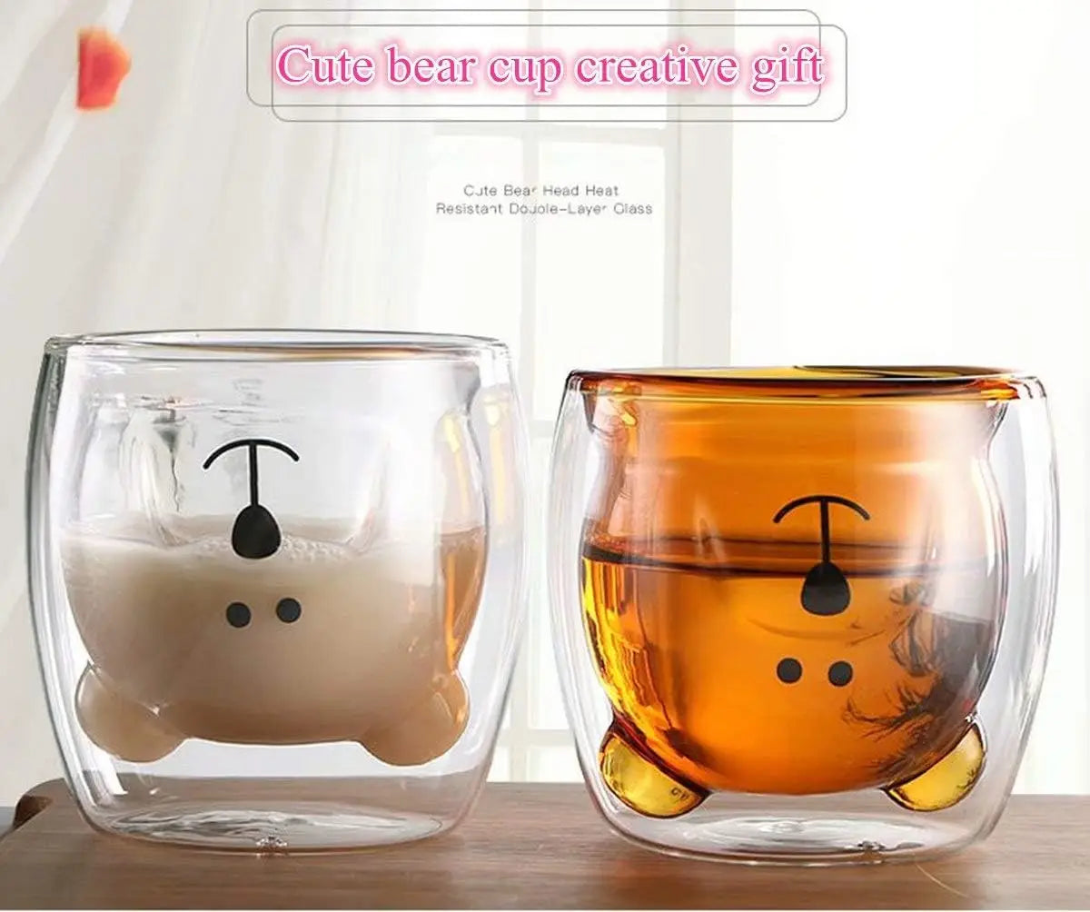 8.45 oz Creative Cute Bear Double-layer Coffee Mug, Double Glass Cup, Cartoon Animal Milk Glass, Cute Bear Cat Duck Dog