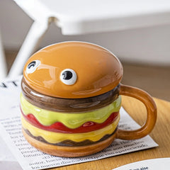 300ml / 10.14oz Ceramic Cup Creative Hamburger Coffee Cup Cute Cartoon Children's Mug Breakfast Oatmeal Milk Cups with Lid Home Cups