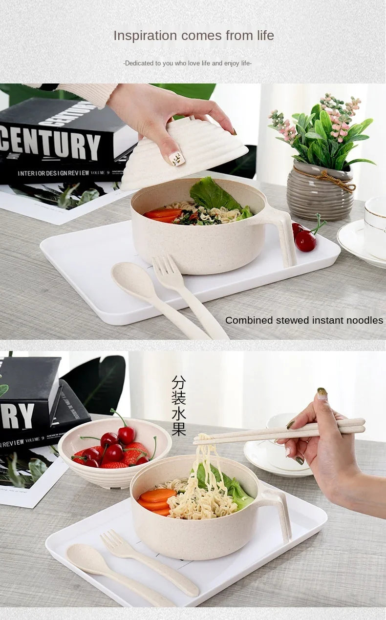 Wheat Straw Ramen Instant Noodles Bowls with Lid and Utensils.  Hot Rice, Soup Food Container, Drop Bowl