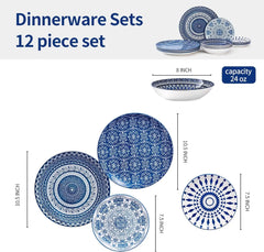 Vintage Blue, Ceramic 12-Pieces Dinnerware Sets of 4. Dinner, Salad and Dessert Plates, and Cereal Bowls Set.