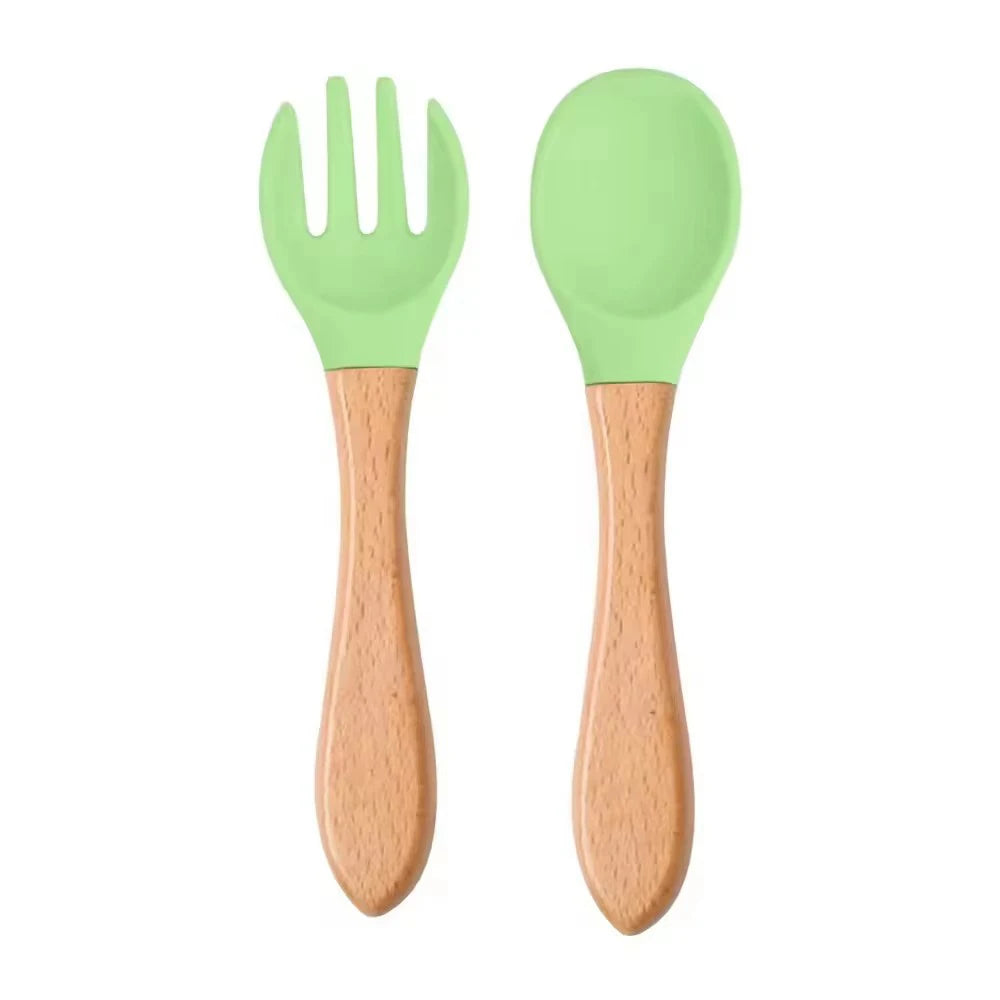 Food-grade Silicone Baby Products Baby Eating Spoon and Fork Set. Training Tableware.