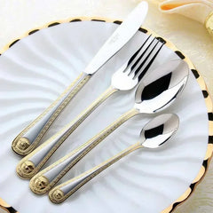 24 PCS Vintage Western Gold Plated Dinnerware Dinner Fork Knife Set Golden Cutlery Set Stainless Steel Engraving Tableware For Six.