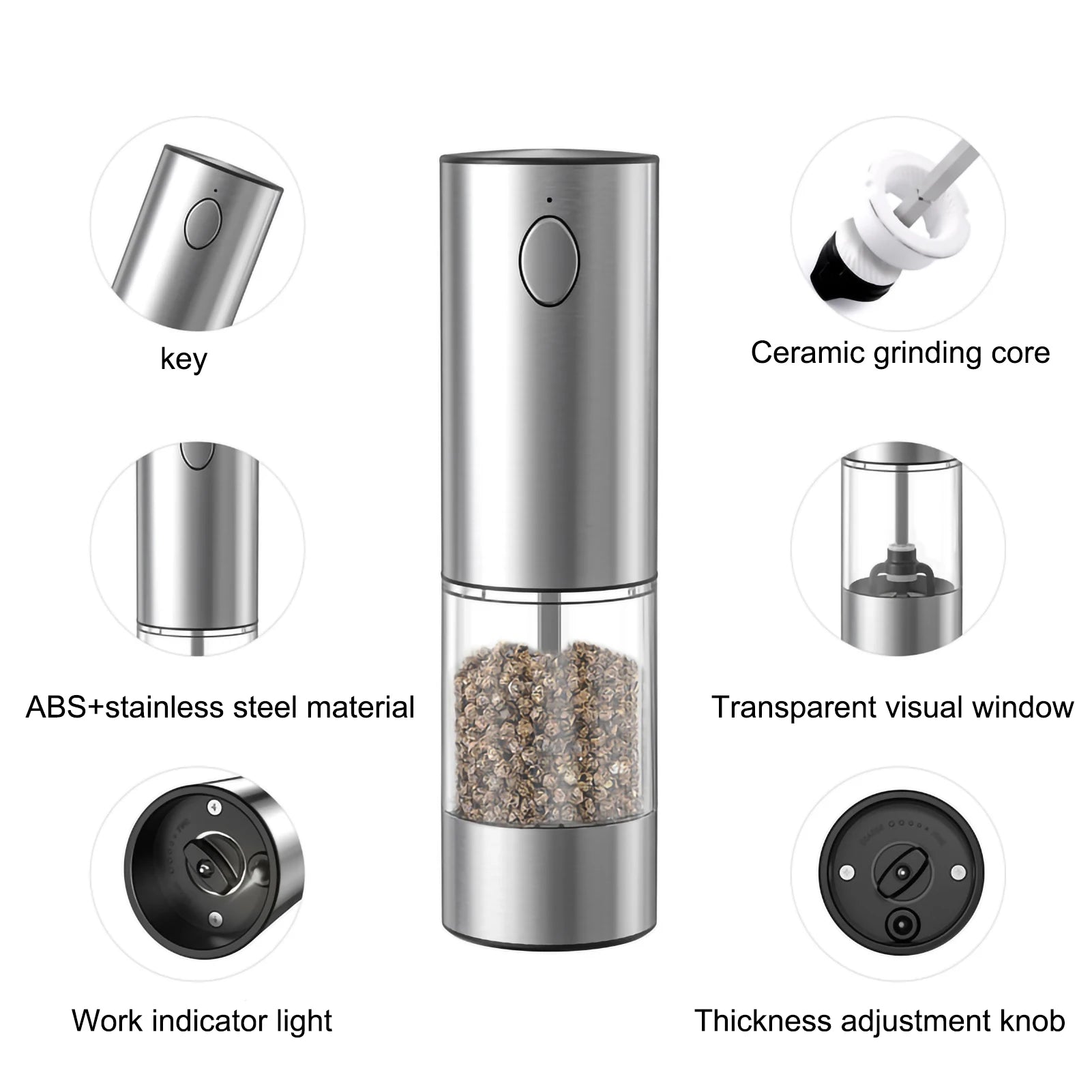 Electric Sea Salt and Pepper Grinder Set Or Single, USB Rechargeable Adjustable Thickness Automatic Spice Dispenser.